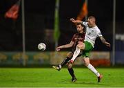 31 August 2020; Jonathan Carlin of Cabinteely gets to the ball ahead of Dinny Corcoran of Bohemians during the Extra.ie FAI Cup Second Round match between Bohemians and Cabinteely at Dalymount Park in Dublin. Photo by Piaras Ó Mídheach/Sportsfile
