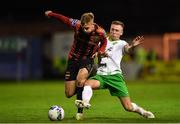31 August 2020; Kris Twardek of Bohemians in action against Mitchell Byrne of Cabinteely during the Extra.ie FAI Cup Second Round match between Bohemians and Cabinteely at Dalymount Park in Dublin. Photo by Piaras Ó Mídheach/Sportsfile