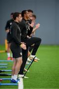 1 September 2020; Adam Idah and Seamus Coleman, left, during an activation session prior to Republic of Ireland training session at the Sport Ireland National Indoor Arena in Dublin. Photo by Stephen McCarthy/Sportsfile
