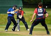 1 September 2020; Ryan Hunter of North West Warriors plays a shot, watched by Northern Knights wicket-keeper Gary Wilson, during the 2020 Test Triangle Inter-Provincial Series match between Northern Knights and North West Warriors at North Down Cricket Club in Comber, Down. Photo by Seb Daly/Sportsfile
