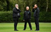 1 September 2020; Umpires Aidan Seaver, right, and Paul Reynolds, centre, in conversation with match referee Kevin Gallagher, left, ahead  during the 2020 Test Triangle Inter-Provincial Series match between Munster Reds and Leinster Lightning at The Mardyke Cricket Grounds in Cork. Photo by Sam Barnes/Sportsfile
