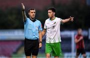 31 August 2020; Alex Aspil of Cabinteely in conversation with referee Rob Harvey during the Extra.ie FAI Cup Second Round match between Bohemians and Cabinteely at Dalymount Park in Dublin. Photo by Piaras Ó Mídheach/Sportsfile