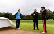 1 September 2020; Match referee Kevin Gallagher, centre, at the coin toss with George Dockrell of Leinster Lightning, left, and Jack Tector of Munster Reds during the 2020 Test Triangle Inter-Provincial Series match between Munster Reds and Leinster Lightning at The Mardyke Cricket Grounds in Cork. Photo by Sam Barnes/Sportsfile