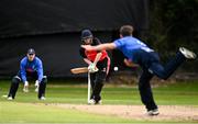 1 September 2020; Ruadhan Jones of Munster Reds is bowled by Curtis Campher of Leinster Lightning during the 2020 Test Triangle Inter-Provincial Series match between Munster Reds and Leinster Lightning at The Mardyke Cricket Grounds in Cork. Photo by Sam Barnes/Sportsfile