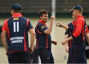 1 September 2020; Jacob Mulder of Northern Knights, left, is congratulated by team-mate Harry Tector, right, after claiming the wicket of North West Warriors' Ryan Hunter during the 2020 Test Triangle Inter-Provincial Series match between Northern Knights and North West Warriors at North Down Cricket Club in Comber, Down. Photo by Seb Daly/Sportsfile