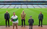 2 September 2020; Actors Barry John Kinsella, front left, who played the role of Michael Hogan and Jack Galvin, who played the role of William Robinson, two of the 14 victims of Bloody Sunday in a series of short films by the GAA, in the company of journalist Michael Foley, left, Uachtarán Chumann Lúthchleas Gael John Horan and musician Colm Mac Con Iomaire at the launch in Croke Park of a special range of initiatives by the GAA to focus on the memory of the 14 people who went to a match on Bloody Sunday, Nov 21, 1920 and never came home. Photo by Brendan Moran/Sportsfile