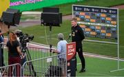 2 September 2020; Republic of Ireland manager Stephen Kenny is interviewed by a television reporter prior to a press conference at Vasil Levski National Stadium in Sofia, Bulgaria. Photo by Alex Nicodim/Sportsfile