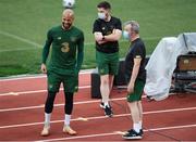 2 September 2020; Darren Randolph, left, with Kevin Mulholland, Republic of Ireland chartered physiotherapist, centre, and Dr Alan Byrne, Republic of Ireland team doctor, during a Republic of Ireland training session at Vasil Levski National Stadium in Sofia, Bulgaria. Photo by Alex Nicodim/Sportsfile