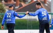 3 September 2020; Kevin O'Brien, left, celebrates with Leinster Lightning captain George Dockrell after taking the wicket of James McCollum of Northern Knights during the Test Triangle Inter-Provincial Series 2020 match between Leinster Lightning and Northern Knights at Pembroke Cricket Club in Dublin. Photo by Matt Browne/Sportsfile