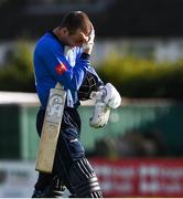3 September 2020; Lorcan Tucker of Leinster Lightning after he lost his wicket to Jacob Mulder of Northern Knights during the Test Triangle Inter-Provincial Series 2020 match between Leinster Lightning and Northern Knights at Pembroke Cricket Club in Dublin. Photo by Matt Browne/Sportsfile