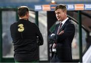 3 September 2020; Republic of Ireland manager Stephen Kenny, right, in conversation with goalkeeping coach Alan Kelly ahead of the UEFA Nations League B match between Bulgaria and Republic of Ireland at Vasil Levski National Stadium in Sofia, Bulgaria. Photo by Alex Nicodim/Sportsfile