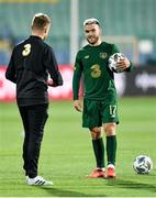 3 September 2020; Aaron Connolly of Republic of Ireland with coach Damien Duff ahead of the UEFA Nations League B match between Bulgaria and Republic of Ireland at Vasil Levski National Stadium in Sofia, Bulgaria. Photo by Alex Nicodim/Sportsfile