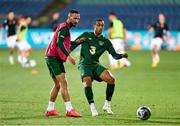 3 September 2020; Adam Idah, right, and Conor Hourihane of Republic of Ireland during the warm-up ahead of the UEFA Nations League B match between Bulgaria and Republic of Ireland at Vasil Levski National Stadium in Sofia, Bulgaria. Photo by Alex Nicodim/Sportsfile