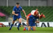 4 September 2020; Jordan Larmour of Leinster in action against JJ Hanrahan of Munster during the Guinness PRO14 Semi-Final match between Leinster and Munster at the Aviva Stadium in Dublin. Photo by David Fitzgerald/Sportsfile