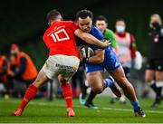 4 September 2020; James Lowe of Leinster is tackled by JJ Hanrahan of Munster during the Guinness PRO14 Semi-Final match between Leinster and Munster at the Aviva Stadium in Dublin. Photo by Ramsey Cardy/Sportsfile