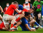 4 September 2020; James Lowe of Leinster is tackled by Shane Daly of Munster during the Guinness PRO14 Semi-Final match between Leinster and Munster at the Aviva Stadium in Dublin. Photo by Ramsey Cardy/Sportsfile