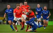 4 September 2020; JJ Hanrahan of Munster is tackled by Luke McGrath of Leinster during the Guinness PRO14 Semi-Final match between Leinster and Munster at the Aviva Stadium in Dublin. Photo by David Fitzgerald/Sportsfile