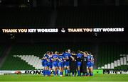 4 September 2020; The Leinster team huddle following their victory in the Guinness PRO14 Semi-Final match between Leinster and Munster at the Aviva Stadium in Dublin. Photo by Ramsey Cardy/Sportsfile