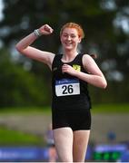 5 September 2020; Emily MacHugh of Naas AC, Kildare, celebrates as she crosses the line to win the Junior Women's 3k Walk event during the Irish Life Health National Junior Track and Field Championships at Morton Stadium in Santry, Dublin. Photo by Sam Barnes/Sportsfile