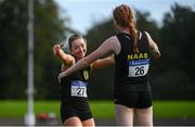 5 September 2020; Maria Flynn, left, and Emily MacHugh, both of Naas AC, Kildare, pretend to hug whilst social distancing after competing in the Junior Women's 3k Walk event during the Irish Life Health National Junior Track and Field Championships at Morton Stadium in Santry, Dublin. Photo by Sam Barnes/Sportsfile