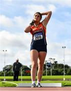 5 September 2020; Casey Mulvey of Inny Vale AC, Cavan, prepares to throw whilst competing in the Junior Women's Shot Put event during the Irish Life Health National Junior Track and Field Championships at Morton Stadium in Santry, Dublin. Photo by Sam Barnes/Sportsfile