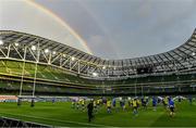 4 September 2020; The Leinster squad warm-up as a rainbow appears in the sky prior to the Guinness PRO14 Semi-Final match between Leinster and Munster at the Aviva Stadium in Dublin. Photo by Brendan Moran/Sportsfile