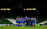 4 September 2020; The Leinster team huddle following the Guinness PRO14 Semi-Final match between Leinster and Munster at the Aviva Stadium in Dublin. Photo by Ramsey Cardy/Sportsfile