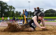 5 September 2020; Luke Hennessy of Naas AC, Kildare, competing in the Junior Men's Long Jump event during the Irish Life Health National Junior Track and Field Championships at Morton Stadium in Santry, Dublin. Photo by Sam Barnes/Sportsfile