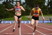 5 September 2020; Jenna Breen of City of Lisburn AC, Down, left, crosses the line to win the Junior Women's 100m event, ahead of Jennifer Hanrahan of Tallaght AC, Dublin, who finished third, during the Irish Life Health National Junior Track and Field Championships at Morton Stadium in Santry, Dublin. Photo by Sam Barnes/Sportsfile