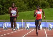 5 September 2020; Charles Okafor of Mullingar Harriers AC, Westmeath, left, on his way to winning the Junior Men's 100m, ahead of Toluwabori Akinola of Fingallians AC, Dublin, during the Irish Life Health National Junior Track and Field Championships at Morton Stadium in Santry, Dublin. Photo by Sam Barnes/Sportsfile