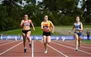 5 September 2020; Jenna Breen of City of Lisburn AC, Down, left, on her way to winning the Junior Women's 100m event, ahead of Alannah Mc Guinness of Carrick-on-Shannon AC, Leitrim, right, who finished second, and Jennifer Hanrahan of Tallaght AC, Dublin, centre, who finished third, during the Irish Life Health National Junior Track and Field Championships at Morton Stadium in Santry, Dublin. Photo by Sam Barnes/Sportsfile