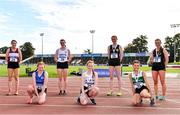 5 September 2020; Junior Women's 3k Walk competitors, from left, Sarah Glennon of Mullingar Harriers AC, Westmeath, Méabh O Connor of Waterford AC, Eva Delahunt of Sligo AC, Ruth Monaghan of Sligo AC, Emily MacHugh of Naas AC, Kildare, Sarah Constant of Carraig-Na-Bhfear AC, Cork, and Maria Flynn of Naas AC, Kildare, pose for a photo during the Irish Life Health National Junior Track and Field Championships at Morton Stadium in Santry, Dublin. Photo by Sam Barnes/Sportsfile