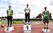 5 September 2020; Junior Men's hammer medallists, from left, Robert Higgins of Na Fianna AC, Meath, silver, Sean Maher of Raheny Shamrock AC, Dublin, gold, and Azuolas Varnili of Templemore AC, Tipperary, during the Irish Life Health National Junior Track and Field Championships at Morton Stadium in Santry, Dublin. Photo by Sam Barnes/Sportsfile