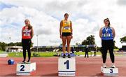 5 September 2020; Junior Women's Hammer medallists, from left, Adrienne Gallen of Lifford Strabane AC, Donegal, silver, Nicola Tuthill of Bandon AC, Cork, gold, and Ciara Mchugh Murphy of Claremorris AC, Mayo, bronze, during the Irish Life Health National Junior Track and Field Championships at Morton Stadium in Santry, Dublin. Photo by Sam Barnes/Sportsfile