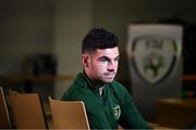 5 September 2020; John Egan during an interview with Sky Sports following a Republic of Ireland press conference at the FAI Headquarters in Abbotstown, Dublin. Photo by Stephen McCarthy/Sportsfile