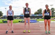 5 September 2020; Women's 3K walk medallists, from left, Ruth Monaghan of Sligo AC, Emily MacHugh of Naas AC, Kildare, gold, and Maria Flynn of Naas AC, Kildare, silver, during the Irish Life Health National Junior Track and Field Championships at Morton Stadium in Santry, Dublin. Photo by Sam Barnes/Sportsfile