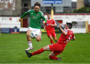 5 September 2020; Dylan McGlade of Cork City is tackled by Alex O'Hanlon of Shelbourne during the SSE Airtricity League Premier Division match between Shelbourne and Cork City at Tolka Park in Dublin. Photo by Harry Murphy/Sportsfile