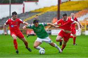 5 September 2020; Scott Fenwick of Cork City in action against Alex O'Hanlon, right, and Dan Byrne of Shelbourne during the SSE Airtricity League Premier Division match between Shelbourne and Cork City at Tolka Park in Dublin. Photo by Harry Murphy/Sportsfile