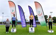 5 September 2020; Athletics Ireland President Georgina Drumm, left, alongside Junior Women's Javelin medallists, from left, Ciara Mchugh Murphy of Claremorris AC, Mayo, silver, Aoibhín Mc Mahon of Blackrock AC, Louth, gold, and Katelyn Reid of An Ríocht AC, Kerry, bronze, during the Irish Life Health National Junior Track and Field Championships at Morton Stadium in Santry, Dublin. Photo by Sam Barnes/Sportsfile