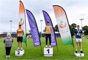 5 September 2020; Athletics Ireland President Georgina Drumm, left, alongside Junior Men's Javelin Medallists, from left, Cathal Scanlon of Leevale AC, Cork, silver, Conor Cusack of Lake District Athletics, Mayo, gold, and Peter Mcdonald of St Senans AC, Kilkenny, bronze, during the Irish Life Health National Junior Track and Field Championships at Morton Stadium in Santry, Dublin. Photo by Sam Barnes/Sportsfile