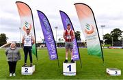 5 September 2020; Athletics Ireland President Georgina Drumm, left, alongside U23 Men's Weight for Distance medallists, from left, Patrick Darcy of Brow Rangers AC, Kilkenny, silver, and Sean Mockler of Moycarkey Coolcroo AC, Tipperary, gold, during the Irish Life Health National Junior Track and Field Championships at Morton Stadium in Santry, Dublin. Photo by Sam Barnes/Sportsfile