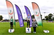 5 September 2020; Athletics Ireland President Georgina Drumm, right, alongside Junior Women's Weight for Distance medallists, from left, Siobhan Hennessy of Templemore AC, Tipperary, silver, and Kiana Nolan of St Laurence O'Toole AC, Carlow, gold,  during the Irish Life Health National Junior Track and Field Championships at Morton Stadium in Santry, Dublin. Photo by Sam Barnes/Sportsfile