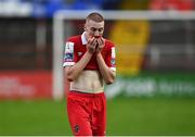 5 September 2020; Sean Quinn of Shelbourne looks dejected following the SSE Airtricity League Premier Division match between Shelbourne and Cork City at Tolka Park in Dublin. Photo by Harry Murphy/Sportsfile