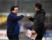 5 September 2020; RTÉ commentator Marty Morrissey and floor manager Joachim Burrowes fist bump prior to the Tyrone County Senior Football Championship Semi-Final match between Dungannon Thomas Clarke GAA and Errigal Ciaran at Healy Park in Omagh, Tyrone. Photo by David Fitzgerald/Sportsfile