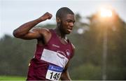 5 September 2020; Charles Okafor of Mullingar Harriers AC, Westmeath, celebrates winning the Junior Men's 200m event during the Irish Life Health National Junior Track and Field Championships at Morton Stadium in Santry, Dublin. Photo by Sam Barnes/Sportsfile