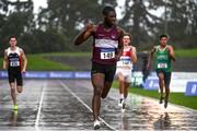 5 September 2020; Charles Okafor of Mullingar Harriers AC, Westmeath, celebrates as he crosses the line to win the Junior Men's 200m event during the Irish Life Health National Junior Track and Field Championships at Morton Stadium in Santry, Dublin. Photo by Sam Barnes/Sportsfile