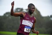 5 September 2020; Charles Okafor of Mullingar Harriers AC, Westmeath, celebrates winning the Junior Men's 200m event during the Irish Life Health National Junior Track and Field Championships at Morton Stadium in Santry, Dublin. Photo by Sam Barnes/Sportsfile