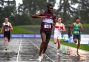 5 September 2020; Charles Okafor of Mullingar Harriers AC, Westmeath, celebrates as he crosses the line to win the Junior Men's 200m event during the Irish Life Health National Junior Track and Field Championships at Morton Stadium in Santry, Dublin. Photo by Sam Barnes/Sportsfile