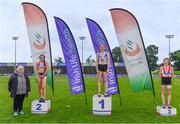 5 September 2020; Athletics Ireland President Georgina Drumm, left, alongside Junior Women's 200m medallists, from left, Jenna Breen of City of Lisburn AC, Down, silver, Molly Hourihan of Dundrum South Dublin AC, gold, and Elizabeth Gahan of Enniscorthy AC, Wexford, bronze, during the Irish Life Health National Junior Track and Field Championships at Morton Stadium in Santry, Dublin. Photo by Sam Barnes/Sportsfile