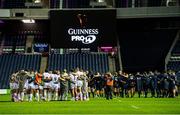 5 September 2020; Both teams huddle following the Guinness PRO14 Semi-Final match between Edinburgh and Ulster at BT Murrayfield Stadium in Edinburgh, Scotland. Photo by Bill Murray/Sportsfile